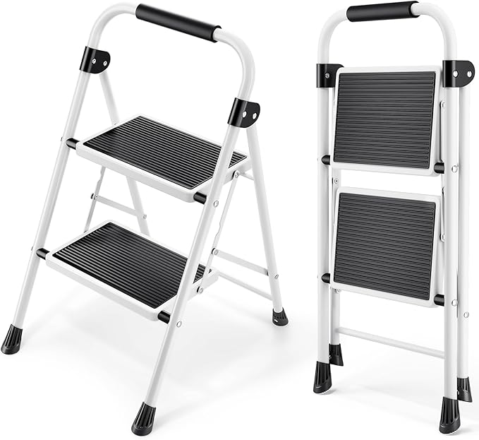 KINGRACK 2 Step Ladder, Folding Step Stool with Anti-Slip and Wide Pedal, Lightweight Stepladder with Handrails, Portable for Kitchen, Household, 330LBS, White