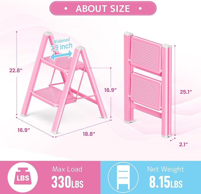 Pink 2 Step Ladder, Small Kitchen Step Stool for Adults, Widen 7.9Inch Pedal for Comfortable Use, Sturdy and Cute Step Ladder with Anti-Slip Foot, More Friendly to Women, 330Lbs Load