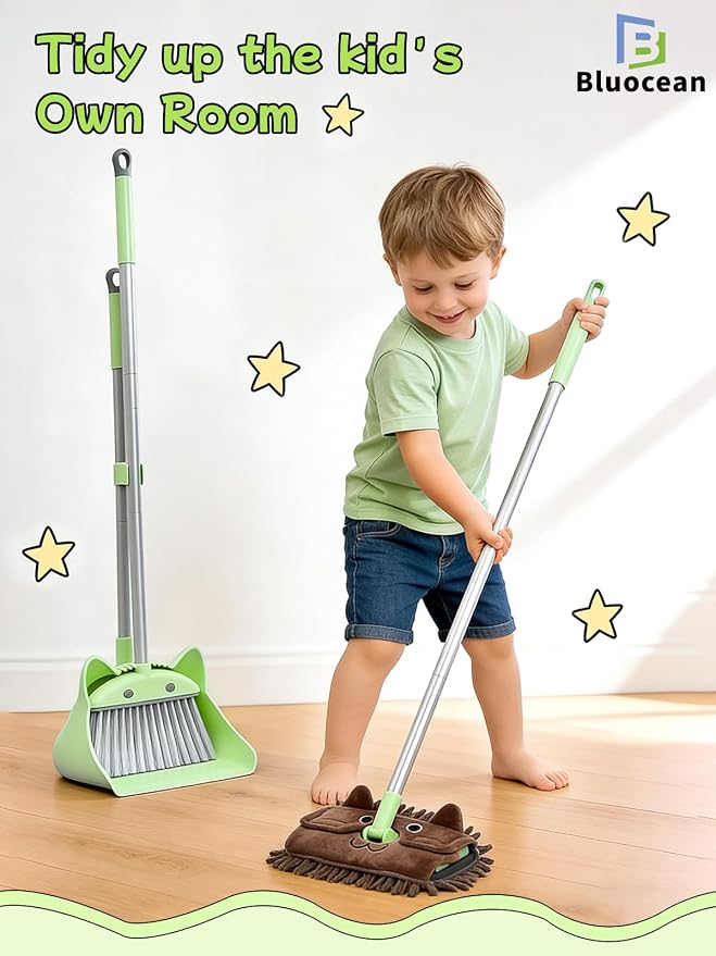 28'' Kids Mini Broom with Dustpan & Mop Set - Toddler Cleaning Toy, Toddler Household Helper, Parent-Child Interactive Play Cleaning Tool, Cute Cartoon Design, Small Safe Corner Broom (Green)