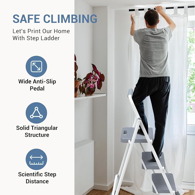 DUMOS 3 Step Ladder, Sturdy Step Stool with Anti-Slip Pedal & Comfortable Handrail, Portable Heavy Duty Step Stool for Kitchen, Garage & Outdoor Use, 800lbs, Grey