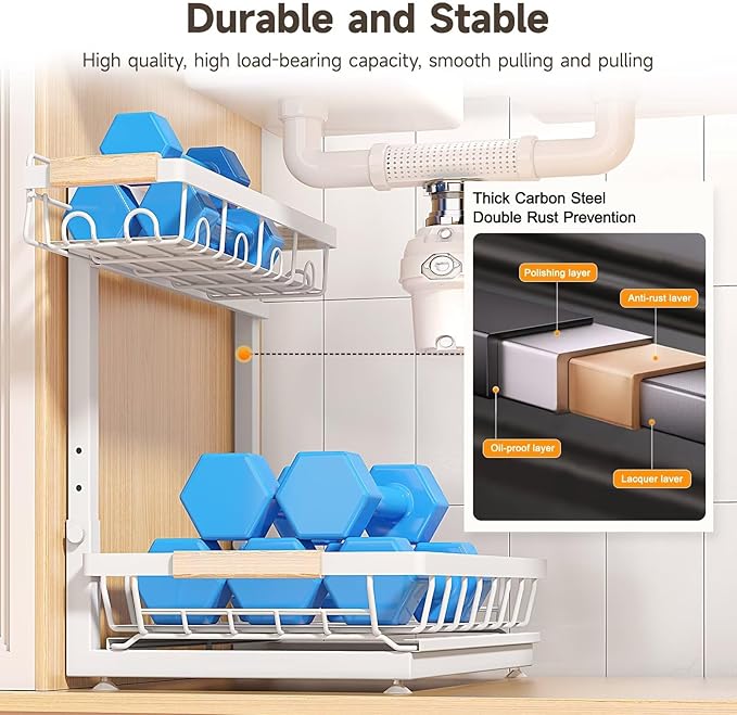 Sevenblue 2 Packs Under Sink Organizer, Height Adjustable 2 Tier Under Kitchen Sink Organizer, Multi-Purpose Storage Shelf for Kitchen Bathroom Cabinet (White, Extra Large)