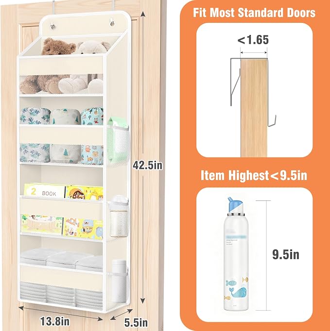 WISELIFE Over The Door Organizer Storage 4 Shelves Large Capacity Hanging Bedroom Storage Solution with 6 Side Pockets for Dorm Bathroom Pantry Nursery and Baby Essentials Holds up to 40 Lbs (Beige)