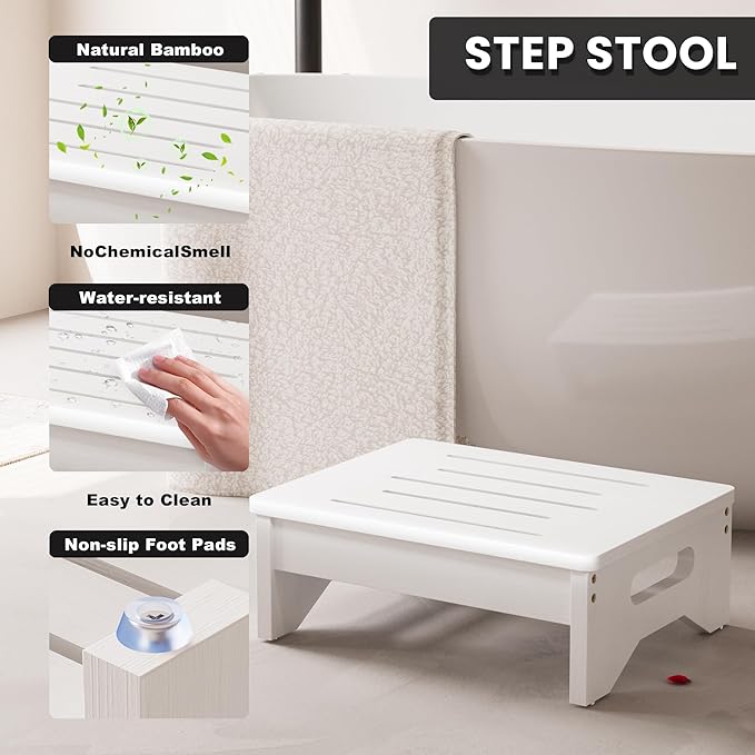 Wooden Step Stool for Adults & Kids, Non-Slip Rubber Feet, 6.5 INCH High, Lightweight Small Step, 450 LBS Capacity, Bed Step Stool for High Bed, Bathroom & Kitchen (White)