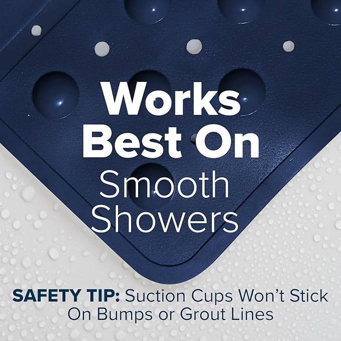 SlipX Solutions 27" Oversize Square Shower Mat, Non-Slip Mat for Elderly & Kids, 100+ Power Grip Suction Cups for Smooth Surfaces, Machine Washable, Solid Navy Blue
