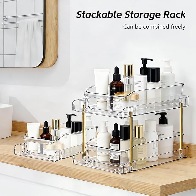 LAREKUN4pack 2-Tier Organizer & Storage Unit Stackable Bathroom Cabinet Organizer Pull-Out Kitchen Pantry Organizer & Storage System Suitable for Countertops, Pantries, Kitchens, Bathrooms