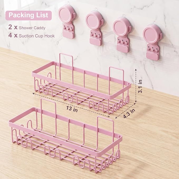 JOTPE Pink Shower Caddy Suction Cup 2 Pack with Hooks, No Drilling Shower Organizer for Bathroom with Large Capacity, Heavy Duty Suction Strong Hold, Waterproof & Rustproof Metal Storage Basket