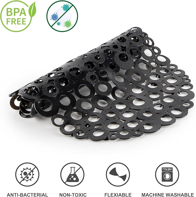 WELTRXE Oval Bathtub Mat Non Slip, Black Bubbles Bath Mats for Tub, Shower Mat with Drain Holes, Suction Cups, Machine Washable Bath Tub Mat, BPA, Latex, Phthalate Free for Bathroom, 27 x 14 Inch
