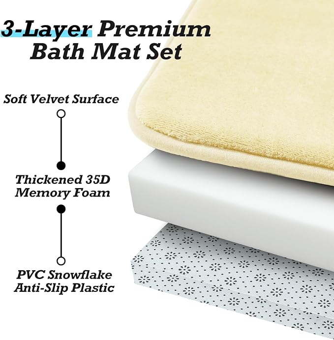 HUXMEYSON Bathroom Rugs Sets 3 Piece, Non-Slip & Quick Dry Bath Mat Set, Ultra Soft Velvet Bath Rugs for Bathroom, Toilet and Shower Floor, Cream Yellow