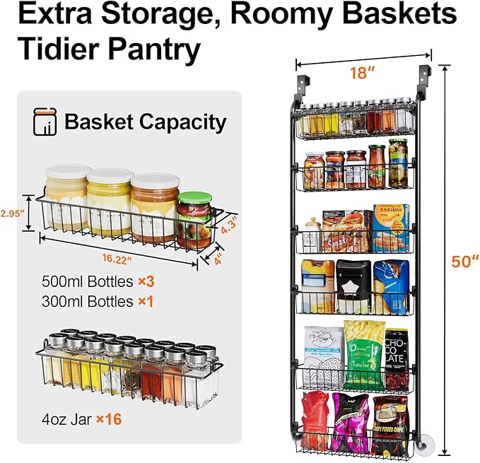 Delamu Over the Door Pantry Organizer, 6-Tier Metal Pantry Door Organization and Storage, Hanging Kitchen Basket Spice Rack Seasoning Shelves, Cabinet Door Organizer for Easy Install,D5xW18xH50inch
