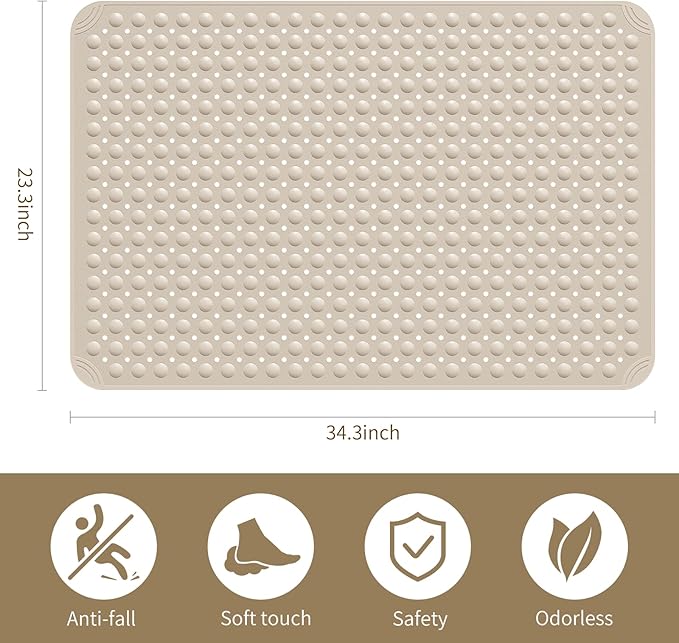 Yolife Extra Large Shower Mat, 34.3" L x 23.3" W TPE Anti Slip Stand Up Shower Mat with Drain Holes and Suction Cups, Large Size Mat More Suitable for Shower Stall, No Odor, Heavy Mat