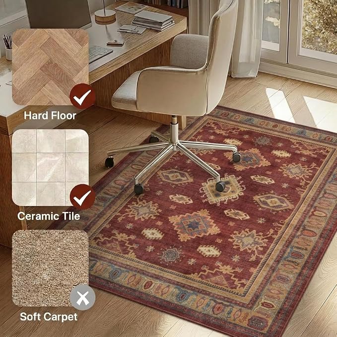 48"x72" Office Chair Mat for Hardwood Tile Floor, Under Desk Carpet Protector for Rolling Computer Chair Mat, Machine Washable Area Rug, Anti-Slip 1/5" Thick Low Pile Thin Vinyl Floor Mat, Crimson