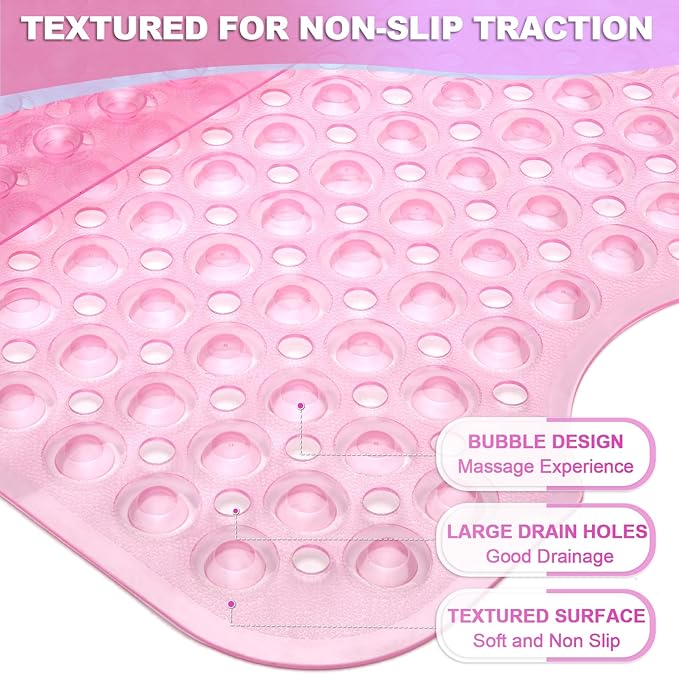 Bathtub and Shower Mats, 40x16 Inch Extra Large Non Slip Soft Bath Tub Mat with Suction Cups and Drain Holes for Bathroom Floor and Keep Tubs Clean, Machine Washable, Clear Pink