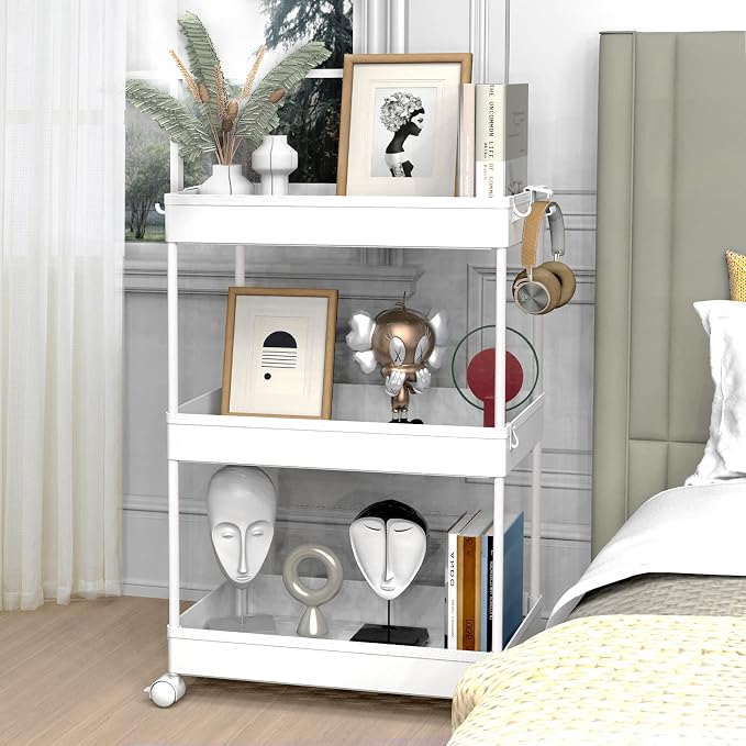 SPACELEAD 3 Tier Rolling Cart with Wheels, Storage Craft Art Trolley Organizer Serving, 3 Hanging Baskets Easy Assembly, for Office, Bathroom，Living Room, Kitchen, White