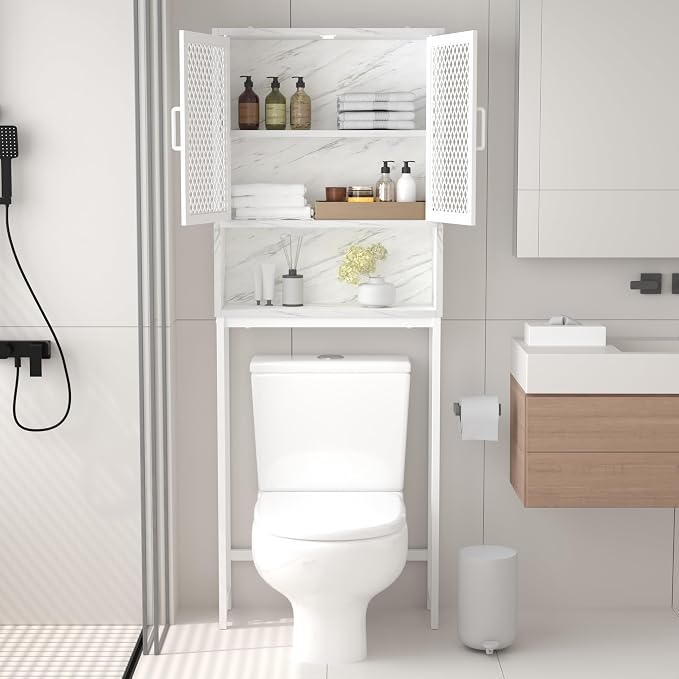 Launica Over the Toilet Storage Cabinet, Over Toilet Bathroom Organizer with Mesh Doors and Shelves, Freestanding Bathroom Storage Cabinet Above Toilet, Wood and Marble, White Marble