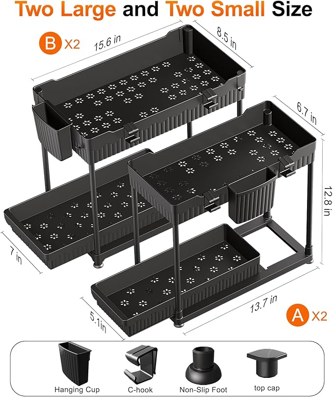 Sevenblue 4 Pack Under Sink Organizer, Bathroom Organizers and Storage, 2 Tier Multi-Use Pull Out Cabinet Organizer with Hang Hooks and Cups (Black, 4 Pack)