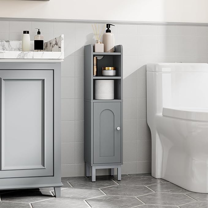 Hzuaneri Bathroom Storage Cabinet, Small Corner Floor Cabinet with Door and Shelves, Narrow Toilet Paper Holder, Bathroom Organizer with Adjustable Shelf, for Small Spaces, Gray BC08221GR
