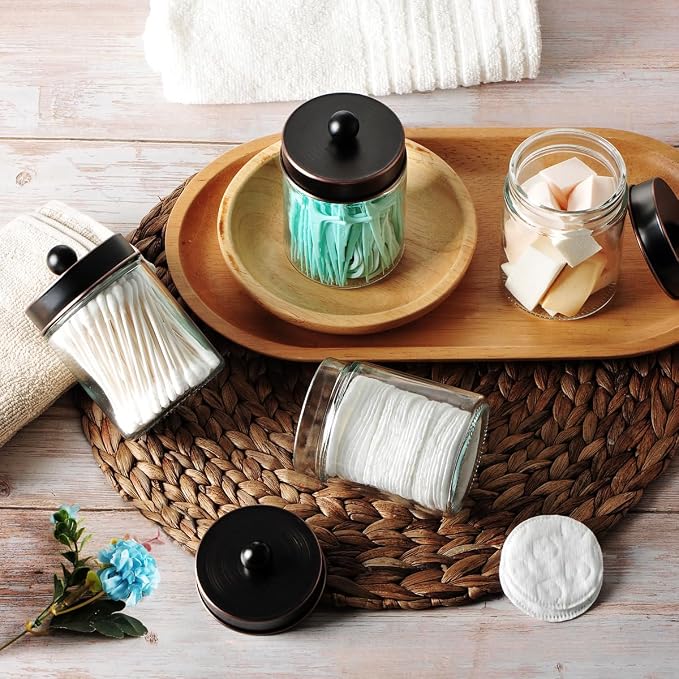 Amolliar 4Pc Apothecary Jars Bathroom Vanity Storage Organizer-Countertop Canister & Stainless Steel Lids &Cute Stickers -Qtip Dispenser Holder for Qtips,Cotton Swabs,Makeup Sponge(Oil Rubbed Bronze)
