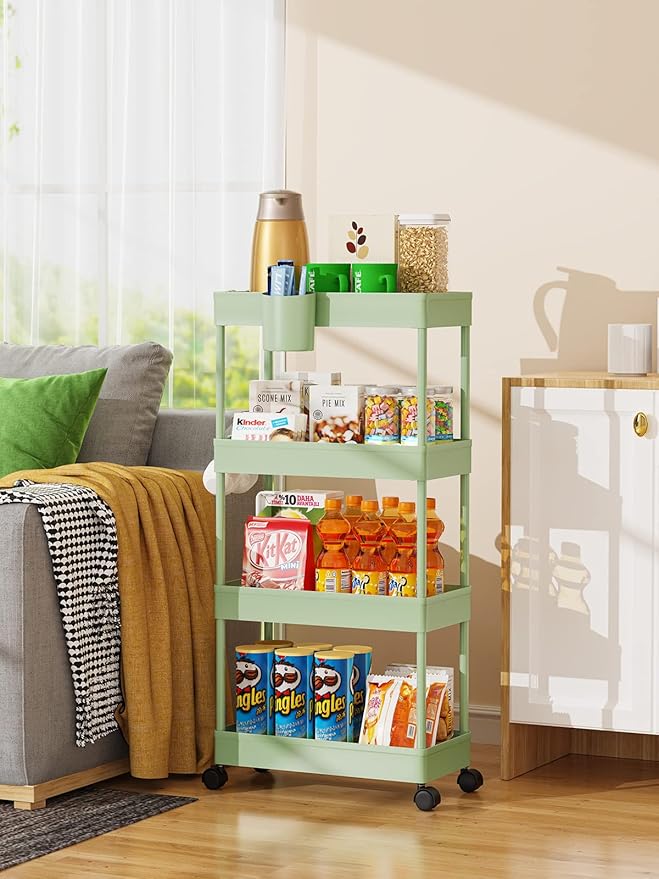 LEHOM Slim Rolling Storage Cart - 4 Tiers Bathroom Organizer Utility Cart Slide Out Storage Shelves Mobile Shelving Unit for Kitchen, Bedroom, Office, Laundry Room, Small Narrow Spaces（7.1" W+Green）