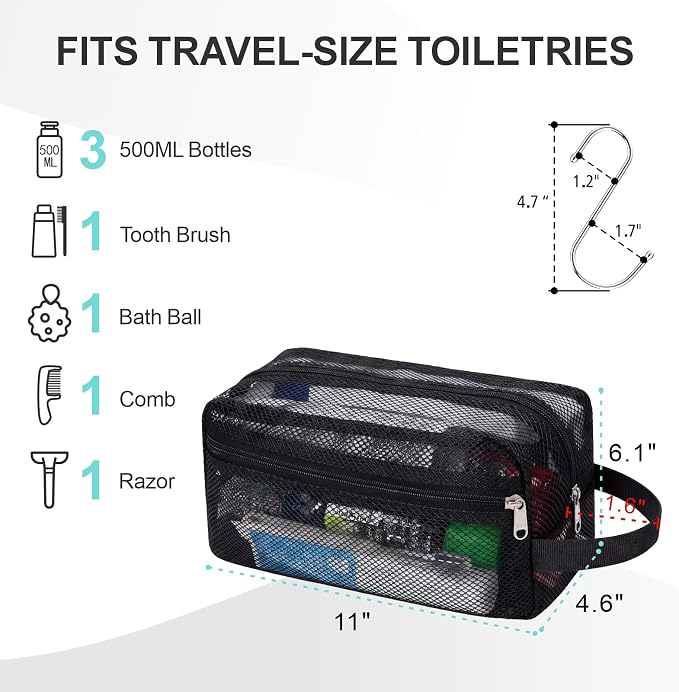F-color Mesh Shower Caddy Portable with Zipper - 2 Pockets Small Shower Bag Tote for Camping, Gym, Travel, Toiletry, Quick Dry Bathroom Essentials with S Hook, Black