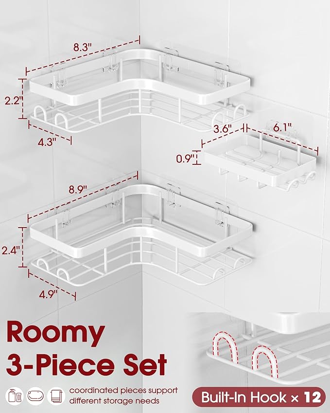 Sakugi Corner Shower Caddy - 3-Pack Shower Organizer with Soap Holder & Built-In Hooks, Rustproof Metal Shower Shelves, Laundry, Kitchen, Bathroom Organizers and Storage Solution, Large, White