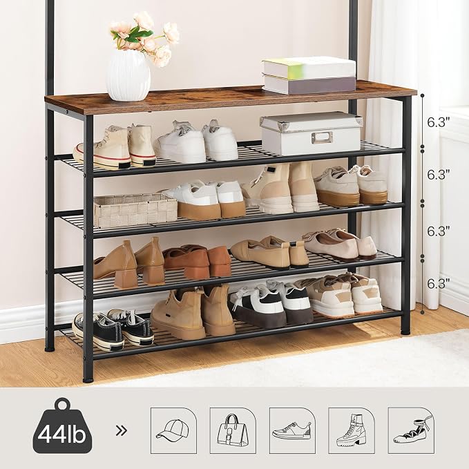 HOOBRO Hall Tree, Coat Rack with Shoe Rack, 39.4” Hall Tree with Bench, 5 Tier Shoe Storage Organizer with 9 Hooks for Entryway, Closet, Sturdy, Industrial, Rustic Brown and Black BF801MT01