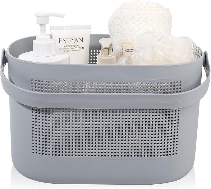 UUJOLY Plastic Storage Baskets with Handles, Shower Caddy Shelf Organizers Basket for Bathroom, Kitchen, Dorm Room, Gray