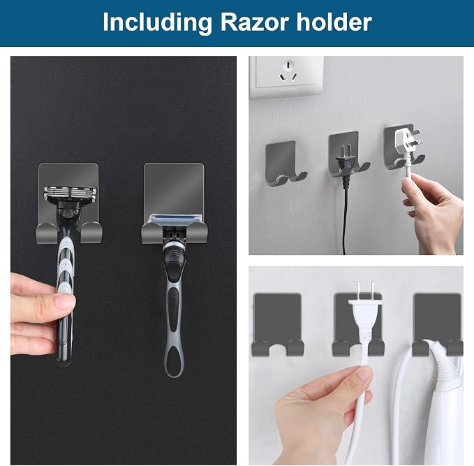 Diesisa Razor Holder for Shower + Adhesive Wall Hooks, Premium 304 Stainless Steel Shower Razor Holder with Heavy Duty Waterproof Sticky Hooks for Hanging Towels, Coat, hat (4+4 Pack) - Grey