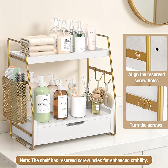2-Tier Bathroom Counter Organizer with Drawer and Removable Basket, Wood Vanity Countertop Storage for Perfume, Makeup, Skincare, Bathroom Counter Shelf, 13" x 7.9" x 14.5", White Gold