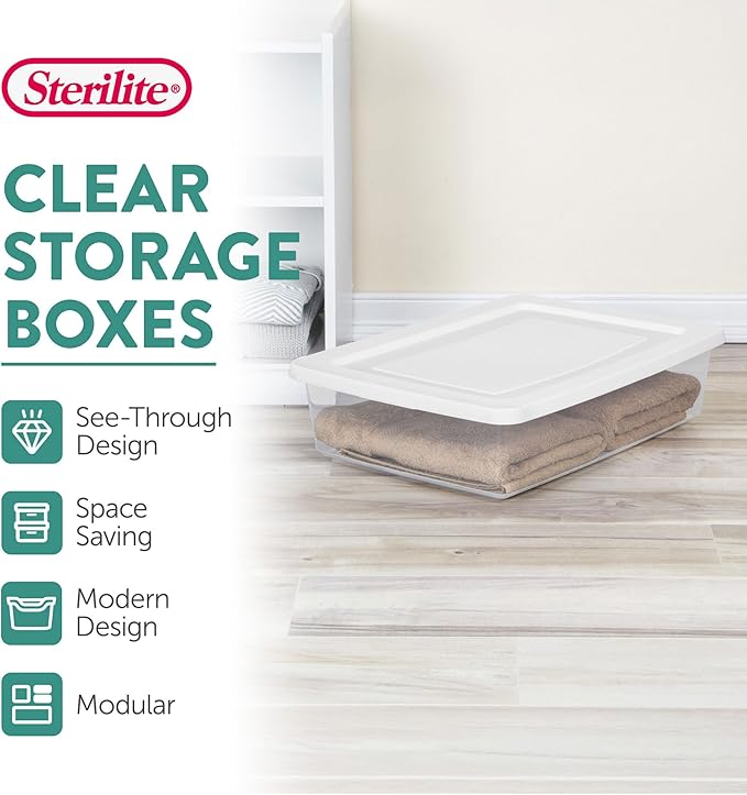 Sterilite 30-Pack Storage Box, Stackable Clear Plastic Bins with Snap-On Lids, 28 Quart