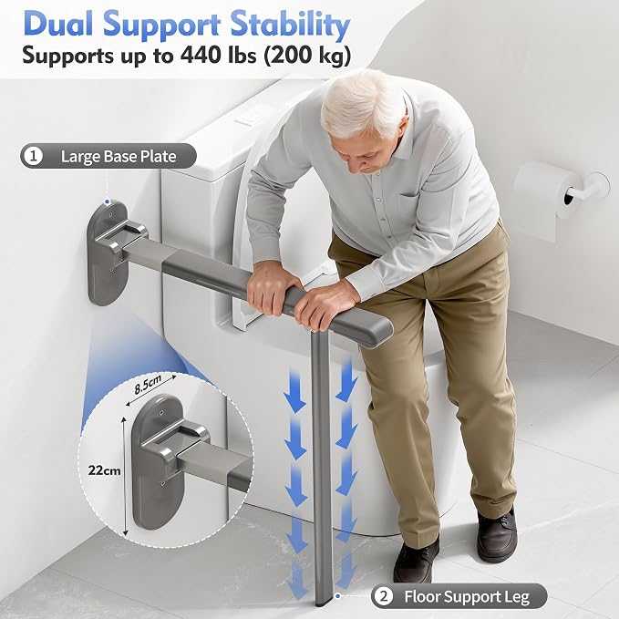Flip Up Grab Bar with Support Leg, 26.8" high Toilet Safety Rails for Seniors, Wall Mounted Toilet Grab Bars for Disabled and Elderly, Space-Saving Foldable Handicap Bars for Bathroom