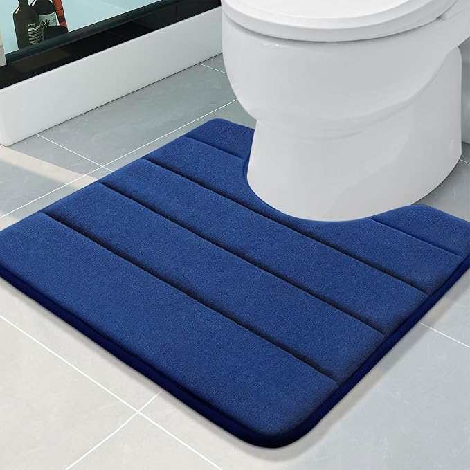 Buganda Memory Foam U-Shaped Contour Toilet Rugs, Non Slip Absorbent, Thick Soft Washable Bathroom Mat, Floor Carpet Bath Rugs Mat for Toilet Base (20" x 20", Navy Blue)