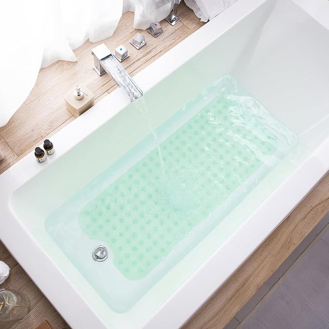 TEESHLY Bathtub Mats for Shower Tub, Extra Long Non-Slip 39 x 16 Inch Bath Mat with Drain Holes and Suction Cups, BathMat for Bathroom with Machine Washable (Clear Green)