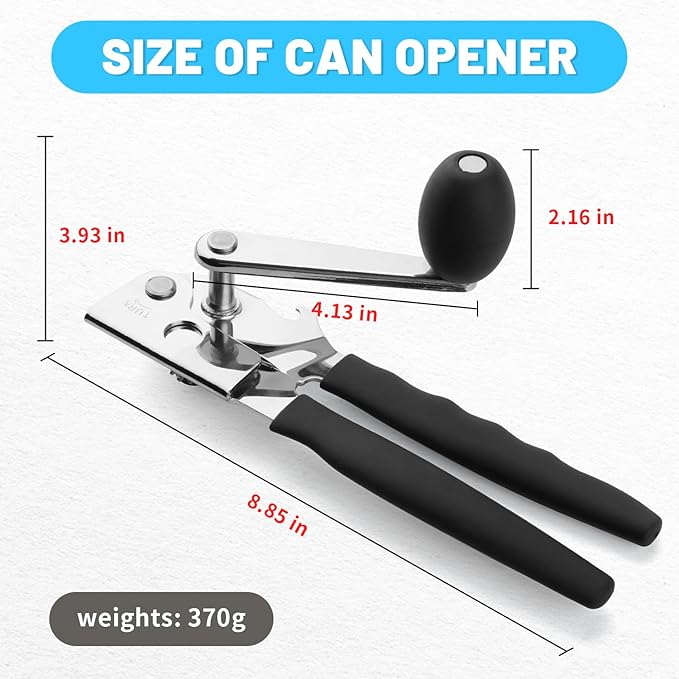 Commercial Can Opener,Stainless Steel Heavy Duty Hand Crank Manual Can Openers with Comfortable Extra-long Handles,Ergonomic Design,Black
