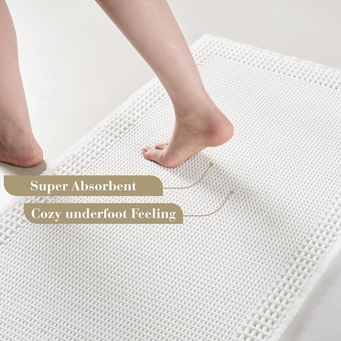RESARE Waffle Bath Mat for Bathroom, Super Absorbent Bathroom Rugs Non Slip Machine Washable, Ultra Soft Quick Dry Boho Bath Rugs with Tassels, Farmhouse Home Decor Accessories, 18"x30" White