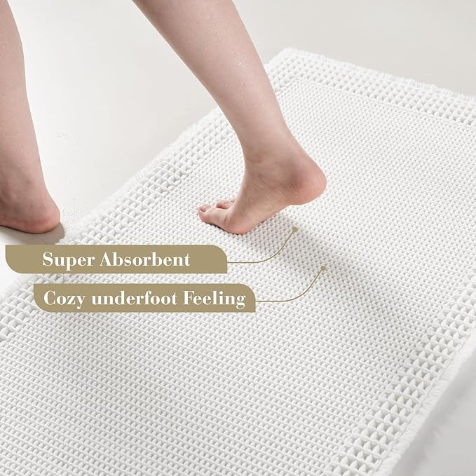 RESARE Waffle Bathroom Runner Rugs, Super Absorbent Bath Mat Non Slip Washable Quick Dry, Upgraded Ultra Soft Boho Bath Rugs with Tassels, Farmhouse Home Decor Accessories, 2'x6'(24"x72") White
