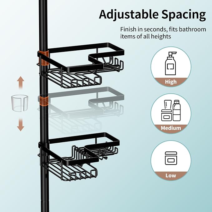 KEGII Shower Caddy Corner Tension Pole with Toothbrush Holder - Adjustable Corner Shower Organizer with Tooth Brush Holder, No Drilling Rustproof Bathroom Shelf Storage Rack, Fits 25-114.2 Inch