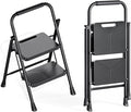 KINGRACK 2 Step Ladder, Folding Step Stool with Handrail, Safe-Lock Design and Wide Anti-Slip Pedals, 500 lbs Capacity Sturdy Steel Ladder for Home and Kitchen, Black
