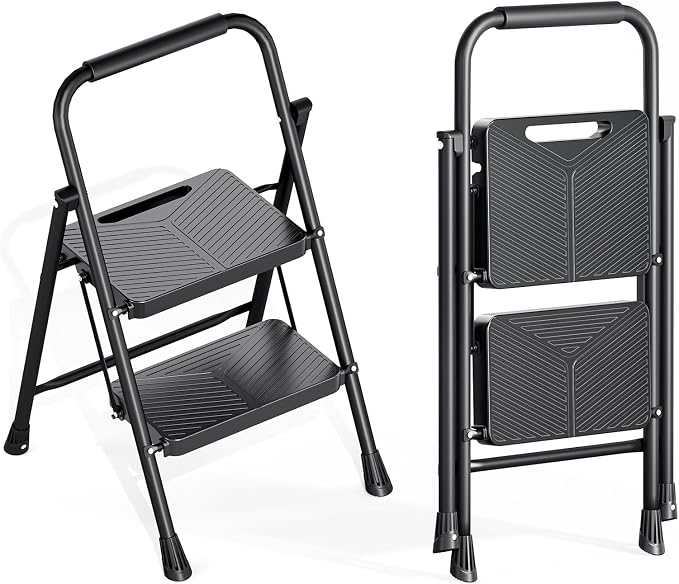 KINGRACK 2 Step Ladder, Folding Step Stool with Handrail, Safe-Lock Design and Wide Anti-Slip Pedals, 500 lbs Capacity Sturdy Steel Ladder for Home and Kitchen, Black