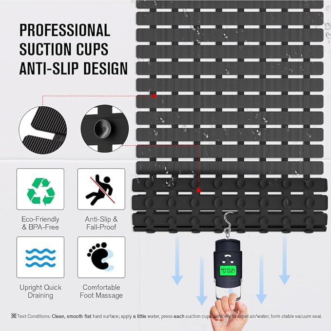 MBOSS Bath Tub Shower Mat Non Slip Bathtub Mats for Bathroom Shower Floor Mat Bath Mats for Shower Tub Anti Slip Shower Mat with Drain Hole and Large Suction Cups (Black, 27.5 X 15.7 Inch)