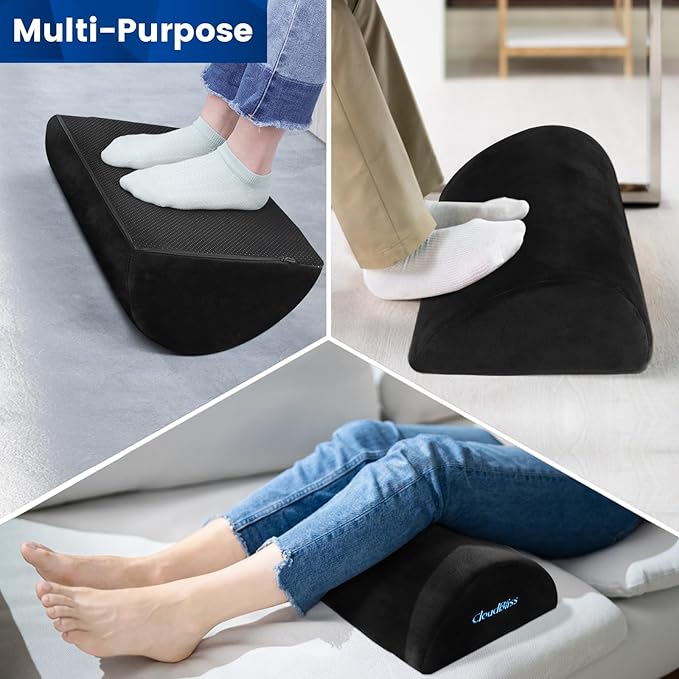CloudBliss Foot Rest for Under Desk at Work,Office Desk Accessories with Soft Foam and Washable Removable Cover, Foot Stool for Office, Car, Home to Foot Support and Relax Ankles, Black, Long