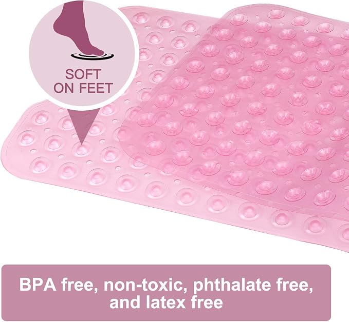YINENN Bath and Shower Safety Mats 40x16 inch, Non Slip with Suction Cups for Bathroom Stall and Tub Floor, Extra Large and Machine Washable, Drain Holes Keep Bathtub Clean, Light Pink