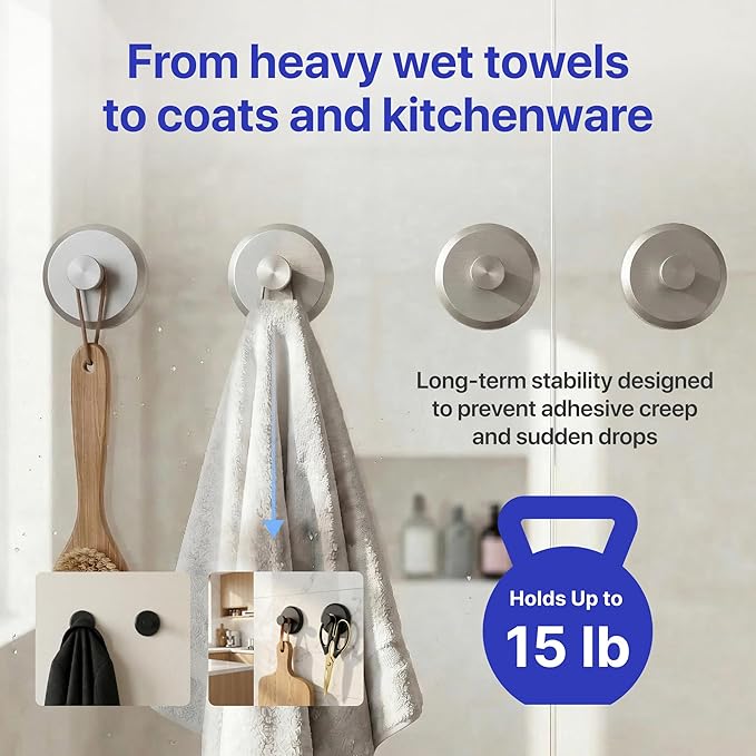 HOME SO Suction Cup Hooks for Shower & Bathroom Towel Holder 4-Pack – Suction Cups Hooks for Hanging Towels, Robes, & Coats - Tiles, Glass Door or Mirror – Shower Hooks & Towel Hooks Organizer -Nickel
