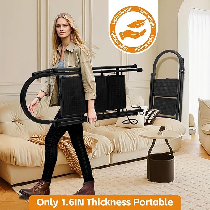 3 Step Ladder, Folding Step Stool with Wide Anti-Slip Pedal, Sturdy Step Ladder Foldable, Lightweight Portable Steel Step Stool for Kitchen, Home (Black, 3-Step)