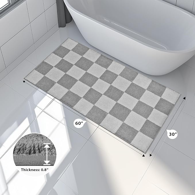 anllugs Bathroom Rugs 30" x 60", Non-Slip Extra Soft Absorbent Bath Rugs, Machine Washable Quick Dry Bath Mats for Bathroom Floor, Shower, Bathtub and Sink, Checkered Light Grey & Grey