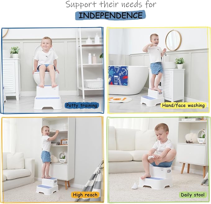 Harwaya Blue Toddler Step Stool for Bathroom Sink 2 Pack, Kids Step Stools for Boys Toilet Potty Training, Plastic Stepping Stool for Toddlers Child Kid Kitchen Bedroom (Included Two Faucet Extender)