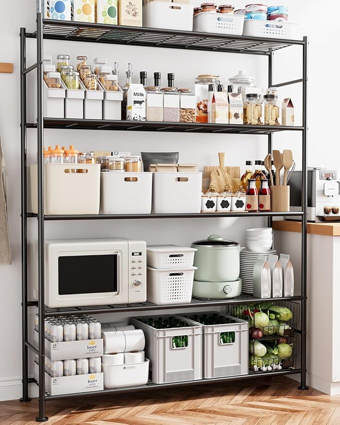 Sakugi Storage Shelves - 5 Tier Shelf Organizer, Heavy Duty Garage Shelving Unit with Leveling Feet, Stable Metal Shelves Organizer for Pantry, Kitchen and Closet, 46.3" W x 12.6" D x 60.3" H, Black