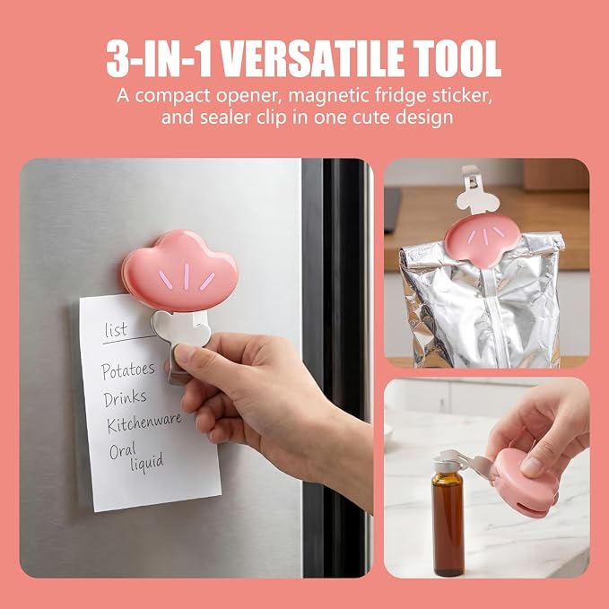3 in 1 Oral Liquid Bottle Opener with Refrigerator Magnet and Sealing Clip,Portable and Cute Lid Remover for Home and Travel (Yellow)