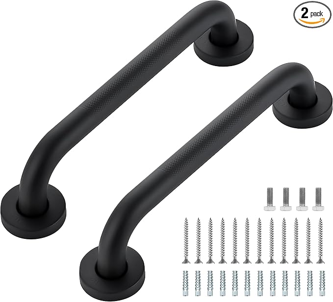 Grab Bars for Shower, 2 Pack 12-Inch Anti Slip Shower Handles for Elderly, Safety Shower Grab Bar, Stainless Steel Handicap Grab Bars for Bathroom (Black 1" Diameter)