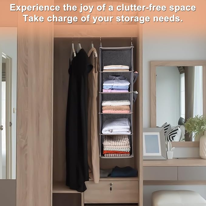 BOOMIBOO Hanging Closet Organize and Shelves，5-Hanging Shelf with 2 Side Pockets，Storage Foldable （Light Grey）