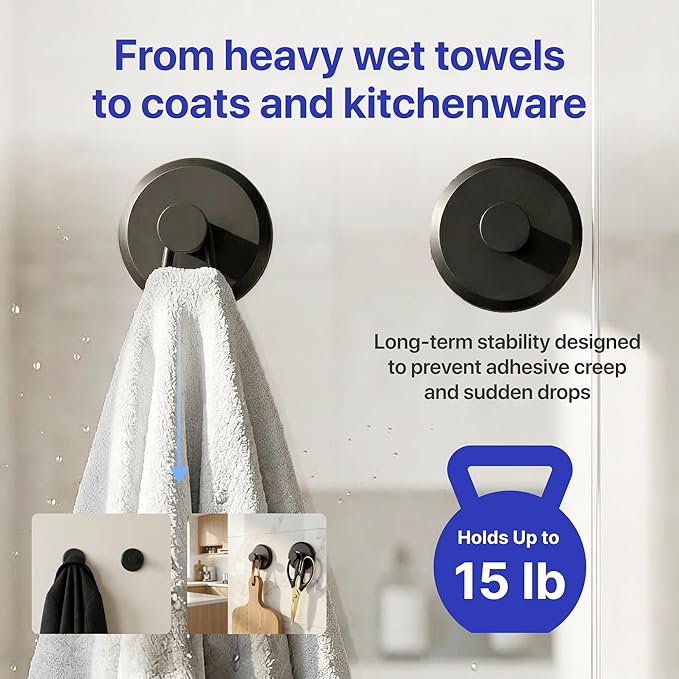 HOME SO Suction Cup Hooks for Shower & Bathroom Towel Holder 2-Pack – Suction Cups Hooks for Hanging Towels, Robes, & Coats - Tiles, Glass Door or Mirror – Shower Hooks & Towel Hooks Organizer - Black